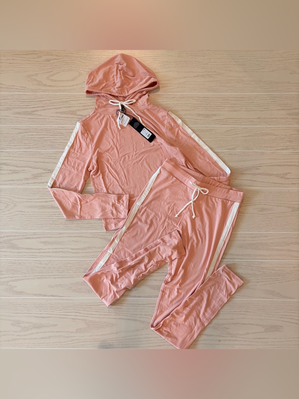 Fashion Nova Blush Pink Hooded Lounge Set with Cream Side Stripes